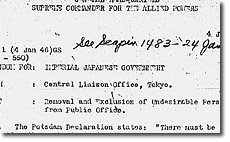 Memorandum for: Imperial Japanese Government. Through: Central Liaison Office, Tokyo. Subject: Removal and Exclusion of Undesirable Personnel from Public Office