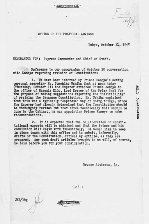 [George Atcheson, Jr. to the Secretary of State, Subject: Revision of Japanese Constitution; Discussion with Prince Konoye](Regular image)