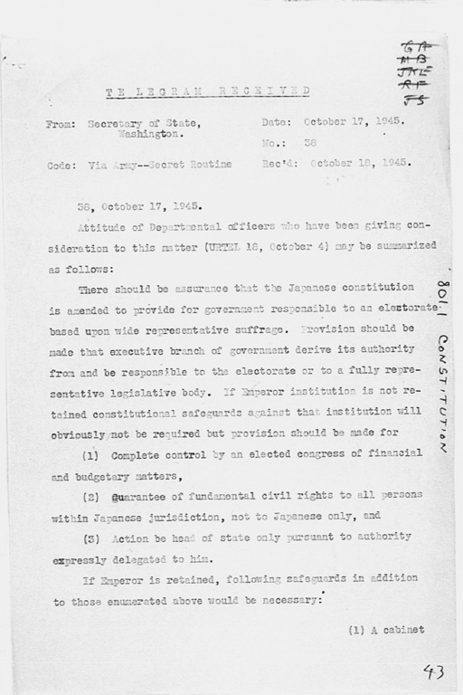 [Telegram Received From: Secretary of State dated October 17, 1945.](Regular image)