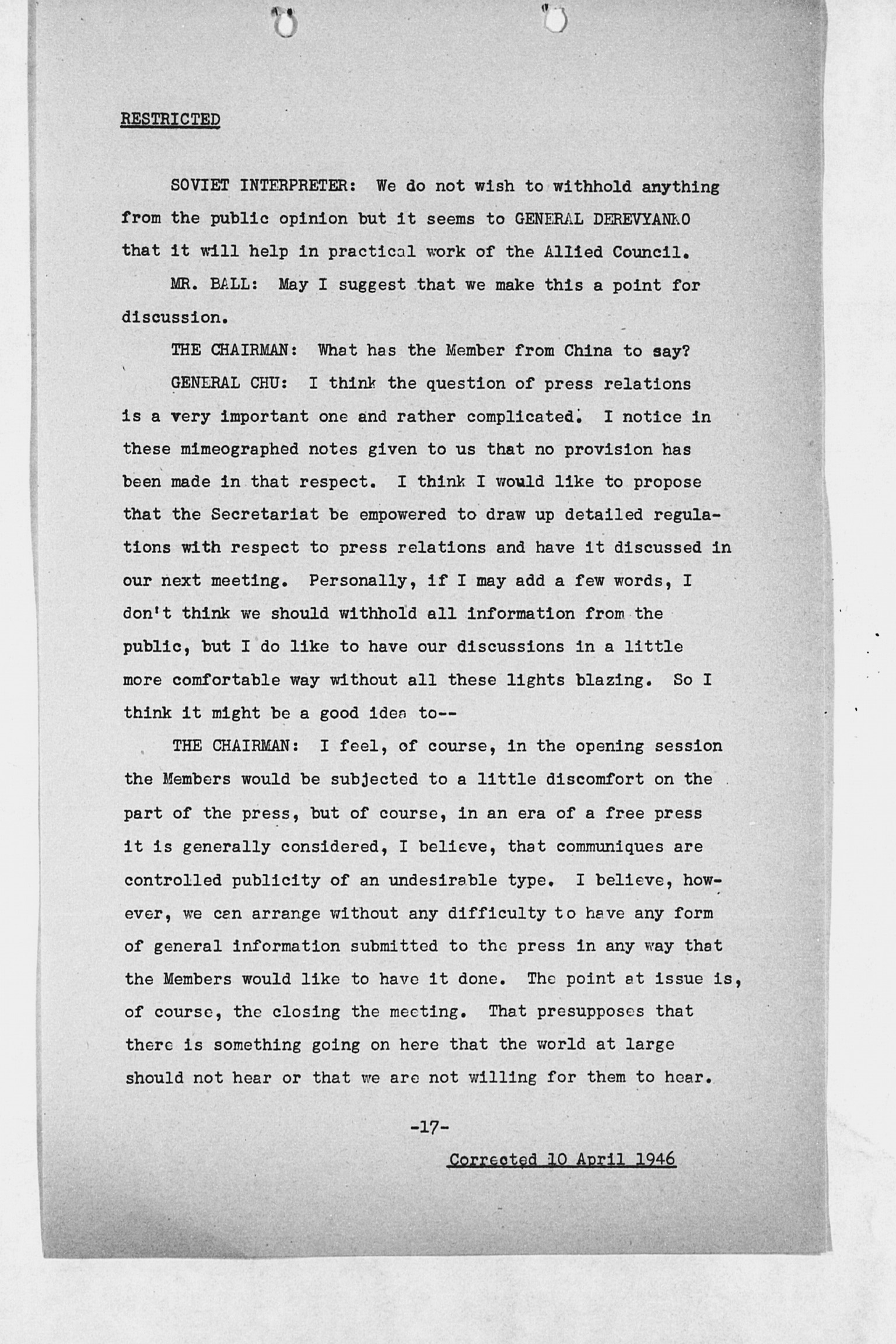 [Verbatim Minutes of the First Meeting, Allied Council for Japan 5 April 1946](Larger image)