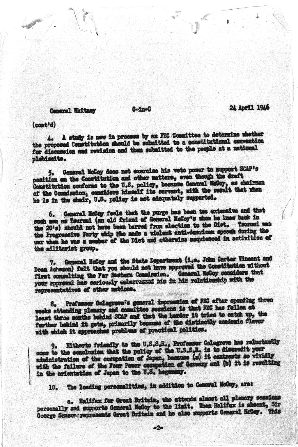 [From] General Whitney [to] C-in-C, dated 24 April 1946 [re discussion ...