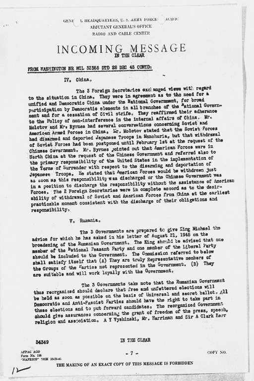 『Incoming Message to CINCAFPAC MacArthur from Washington (War), nr WCL 32355 Communiqué of Moscow Conference, December 27, 1945』(標準画像)