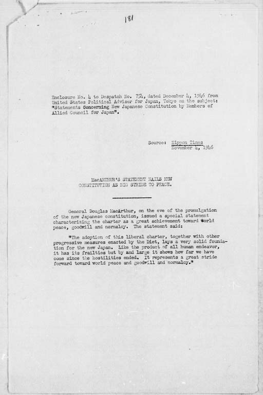 [Subject: Statements Concerning New Japanese Constitution by Members of Allied Council for Japan](Regular image)