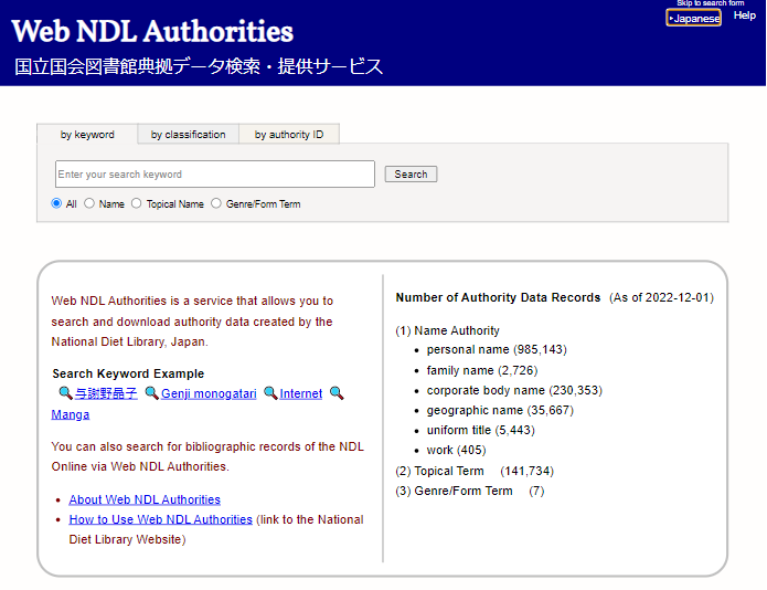 국립국회도서관 전거데이터 검색・제공서비스(Web NDL Authorities）
