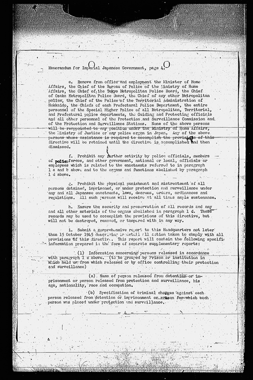 Memorandum for: Imperial Japanese Government. Through: Central Liaison Office, Tokyo. Subject: Removal of Restrictions on Political, Civil, and Religious Liberties.(SCAPIN-93) (preview)